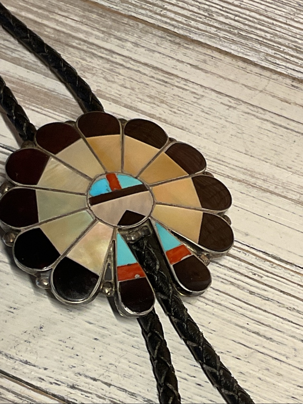 Vintage Sun Face Zuni sterling silver inlay bolo tie turquoise/coral/onyx/pearl